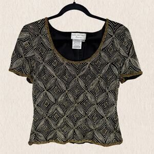 Vintage Papell Boutique Evening Beaded Silk Top Small Black Gold Art Deco Gatsby